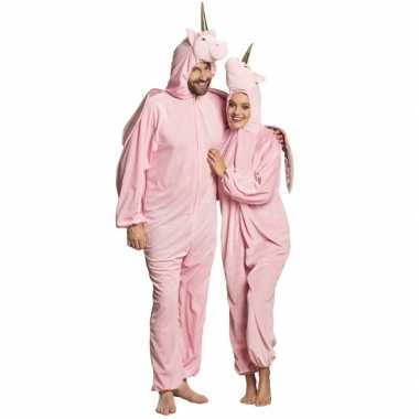 Eenhoorn dieren onesie/carnavalskleding voor volwassenen roze