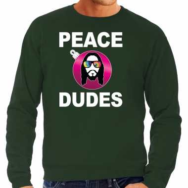 Hippie jezus kerstbal sweater / kerst carnavalskleding peace dudes groen voor heren