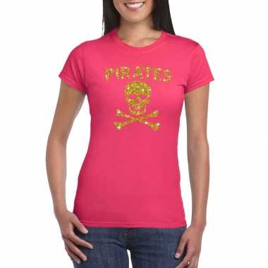 Piraten shirt / foute party carnavalskleding / carnavalskleding goud glitter roze dames