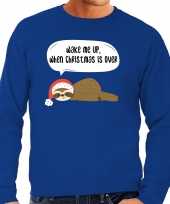 Luiaard kerstsweater carnavalskleding wake me up when christmas is over blauw voor heren