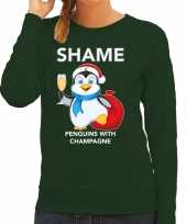 Pinguin kerstsweater carnavalskleding shame penguins with champagne groen voor dames