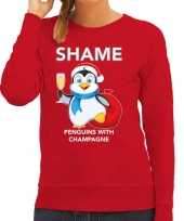Pinguin kerstsweater carnavalskleding shame penguins with champagne rood voor dames