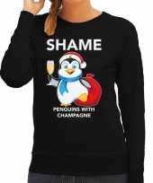 Pinguin kerstsweater carnavalskleding shame penguins with champagne zwart voor dames