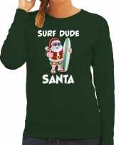 Surf dude santa fun kerstsweater carnavalskleding groen voor dames